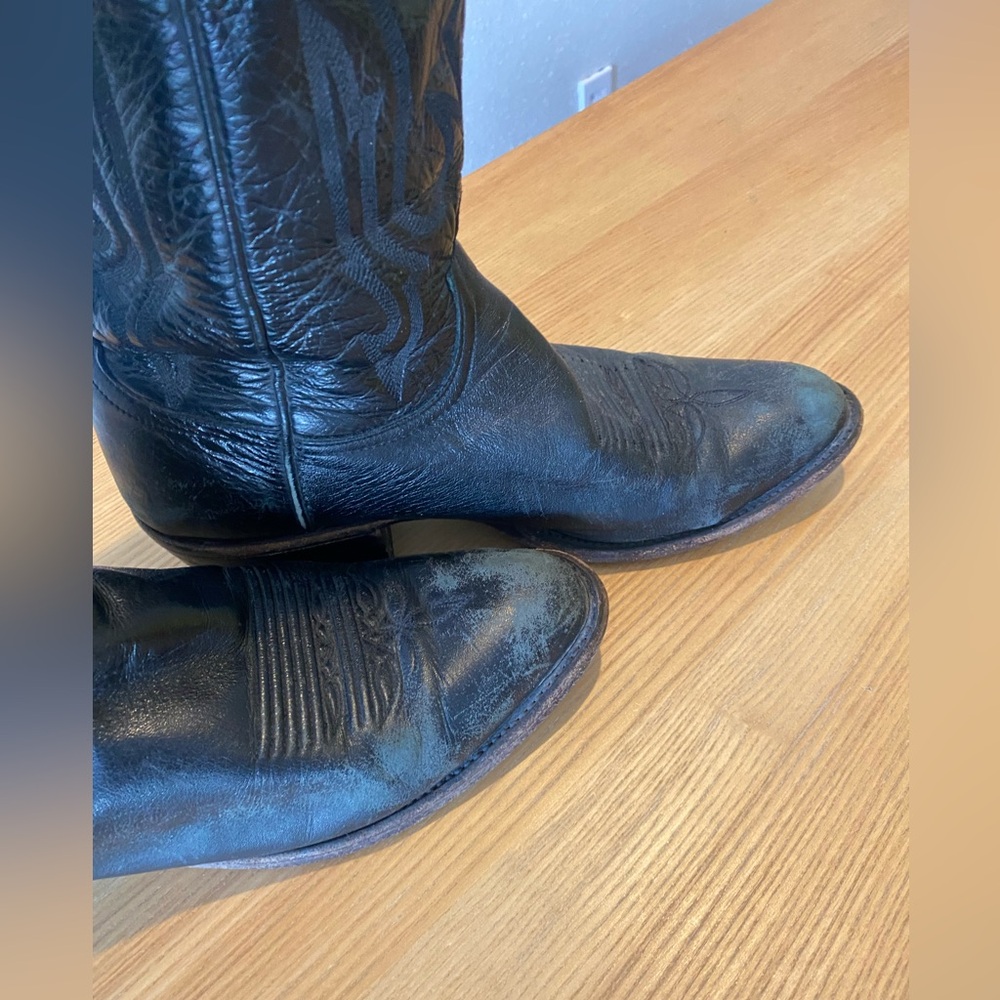 (SOLD) Vintage WIDE Lucchese Black Leather Mid-calf cowboy boots - Picture 3 of 9